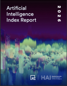 Cover of the Stanford HAI Artificial Intelligence Index Report 2026 with colorful waveform graphic